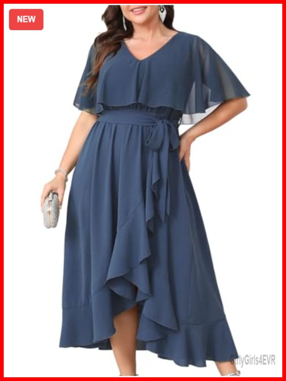 Plus Size Formal Maxi Dress Ruffle Short Sleeve V-Neck High Low Tie Waist